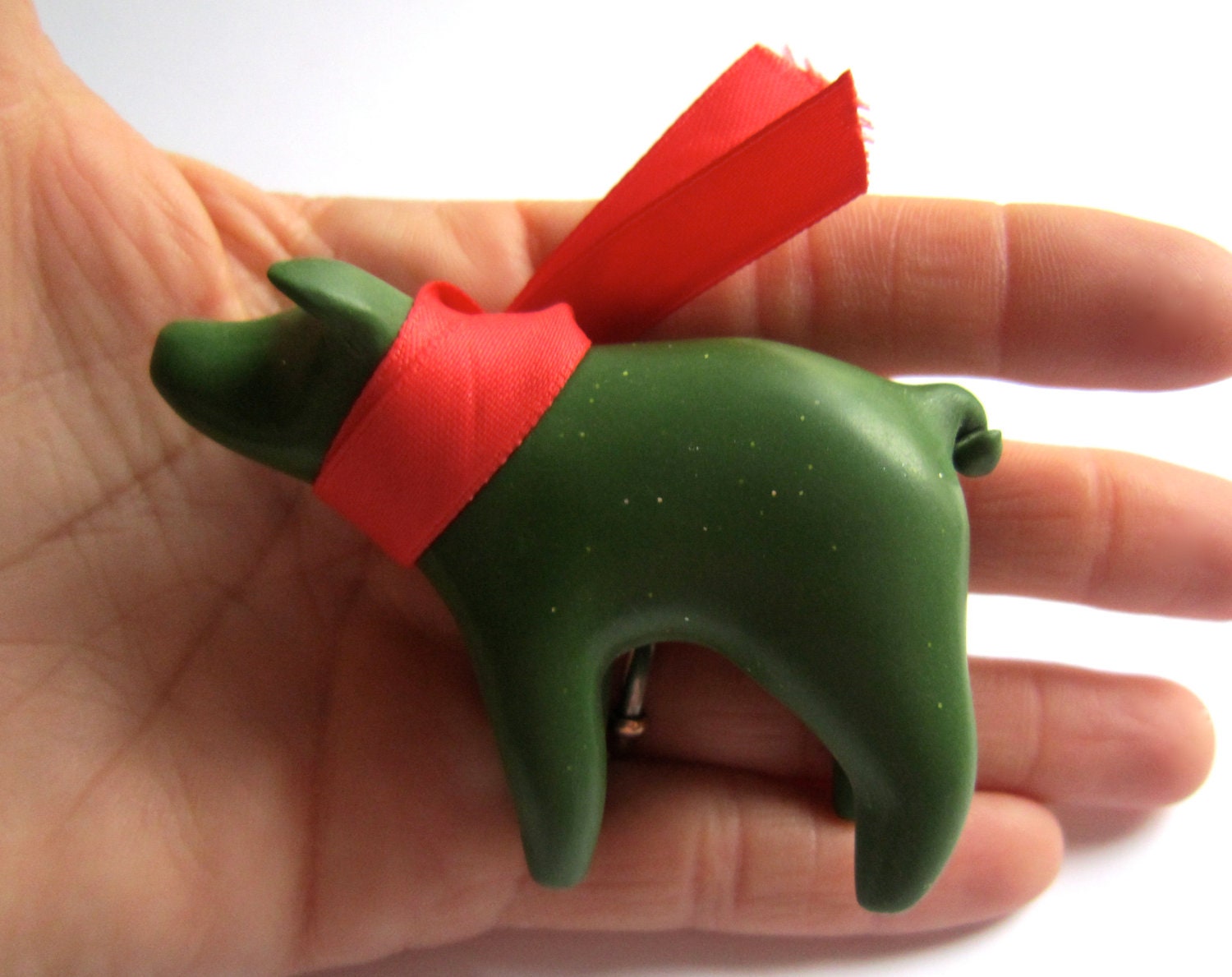Pickles - little pig sculpture olive green sparkly polymer clay decoration hand made OOAK