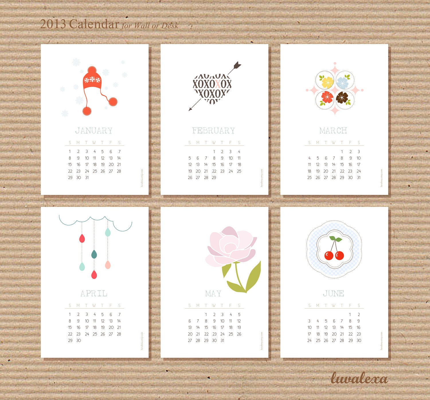 2013 Printable Calendar Desktop or Wall, INSTANT DOWNLOAD, PDF File - Gift Idea, Party Favor, Corporate Gift