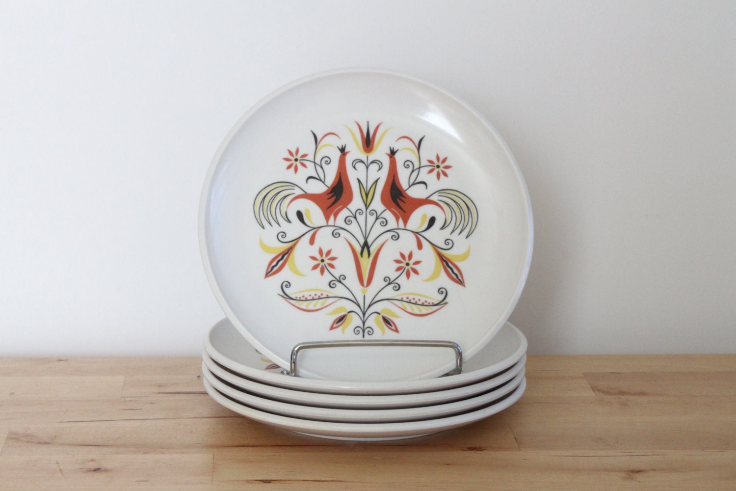 Scandinavian Bird Melmac Plates - Red Distelfink Pennsylvania Dutch Melamine Decorative Saucers