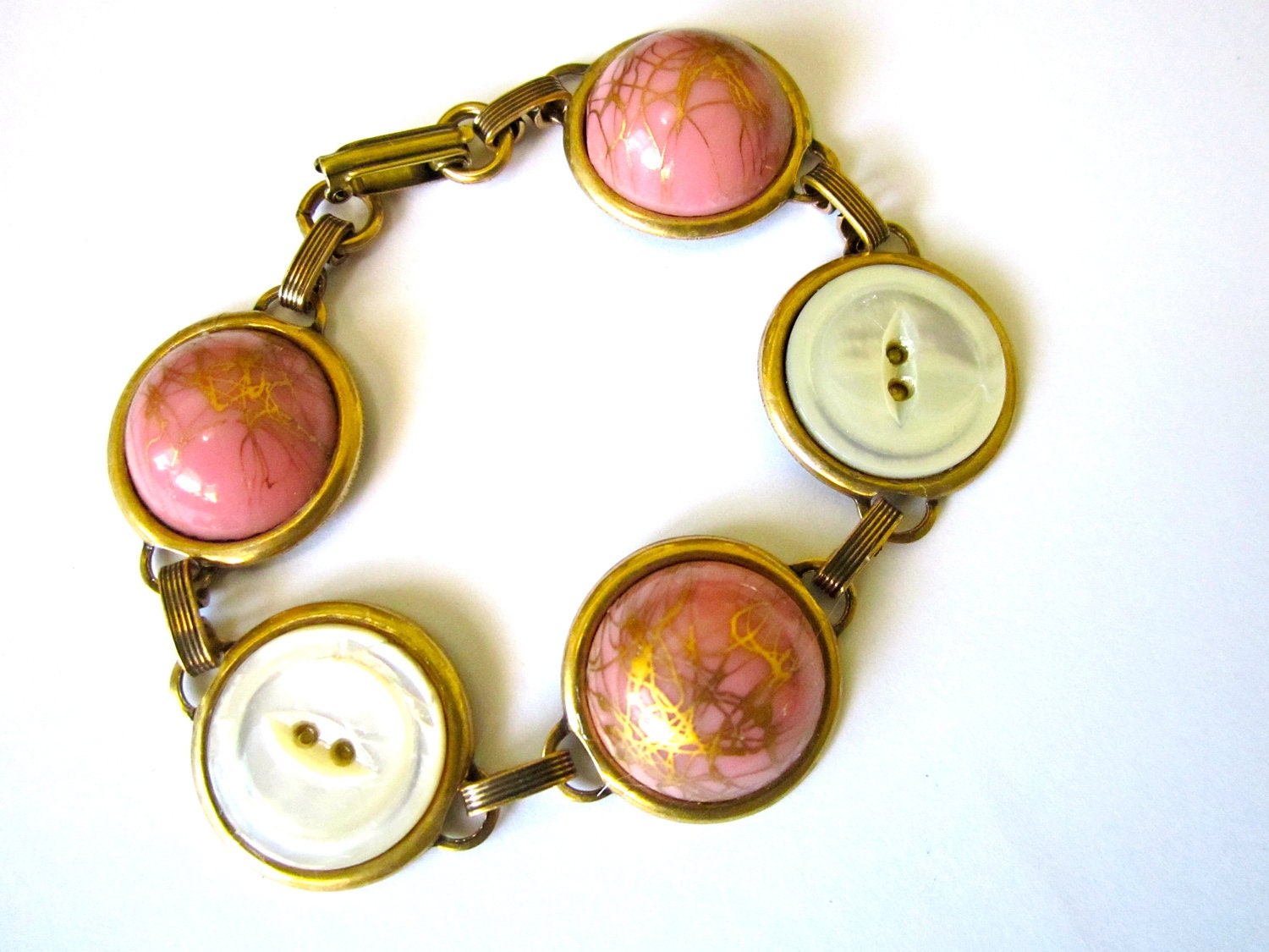 Antique button bracelet, pink/gold glass & mother-of-pearl shell buttons