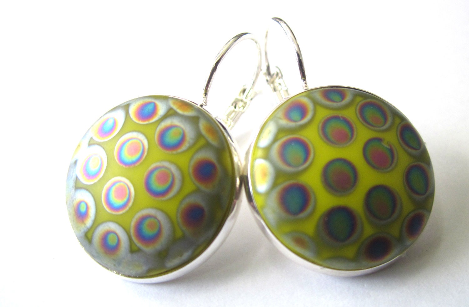 Vintage peacock glass earrings in iridescent yellow, silver leverback, rare find
