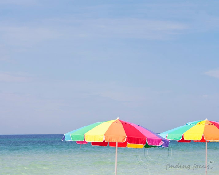 Rainbow Beach Umbrellas Photo, Colorful Seascape Art Print, Simple Retro Minimalist Ocean Landscape, Red Orange Yellow Blue 8x10 Photograph