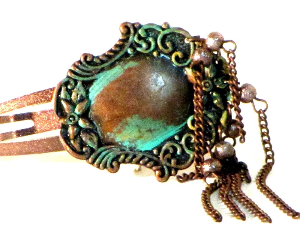 Copper Hair Clip, Ornate Hair Clip, Decorative, Beaded Snap Hair Clip, Beads,Tassels