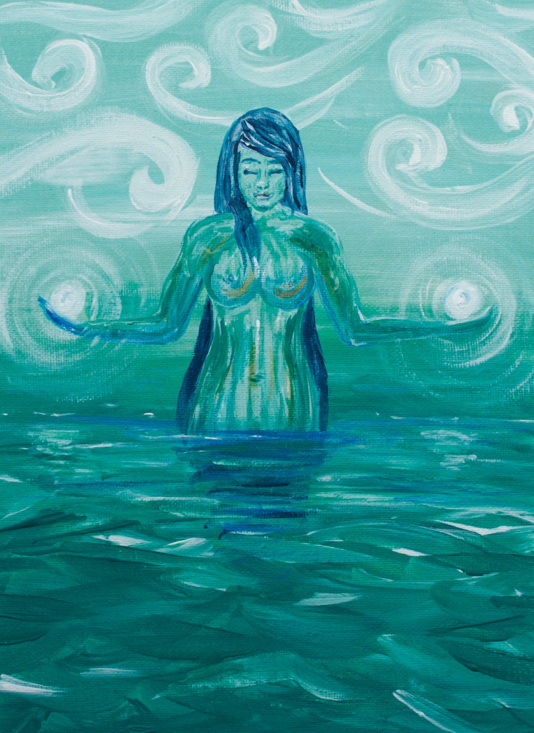 Woman Bathing, Miscarriage Art, 'Finding Balance', Matted Giclee Print, Ocean, Infertility Art, Holding light, Doula Midwife Gift 8 x 10