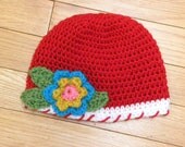 SALE Crochet Girls Hat - Red with Flower - 12 - 24 months - gifts for girls