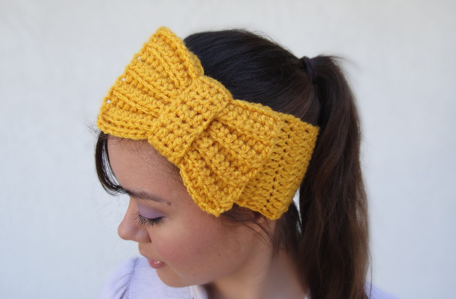 Mustard Yellow / Gold Bow Headband,  Large Bow Crocheted Earwarmer Made to Order