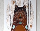 Bear Illustration Painting - Watercolor Art - Hunter the Brown Bear 5x7 Archival Print