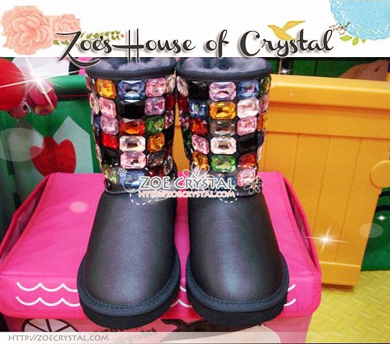WINTER Grey Metallic Sheepskin Wool Boots with Mixed Rhinestones