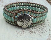 Seafoam Green Cuff, Beaded Leather Cuff, Sand Dollar Jewelry, Boho Wrap Bracelet, Beachy Beach Jewelry, Boho Chic, Surfer Girl, Pale Aqua