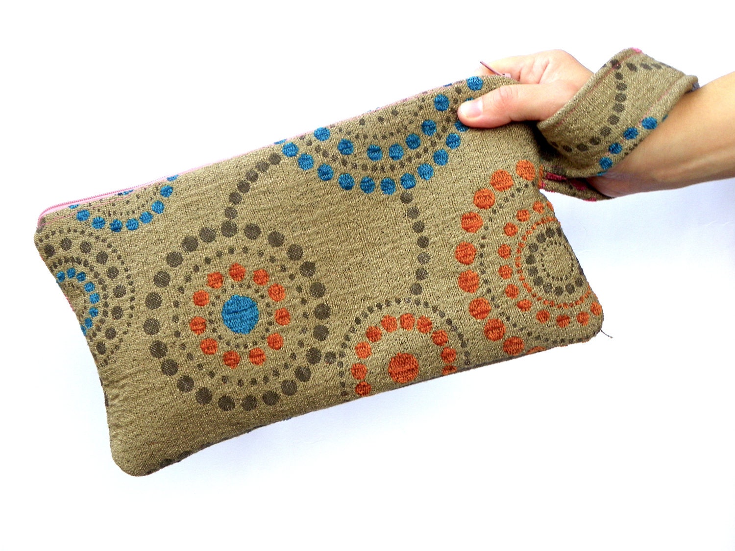 30% SALE Large Zipper Clutch, Camel Handbag, Make up Bag, Cosmetic Bag, Cosmetic Pouch, OOAK Clutch