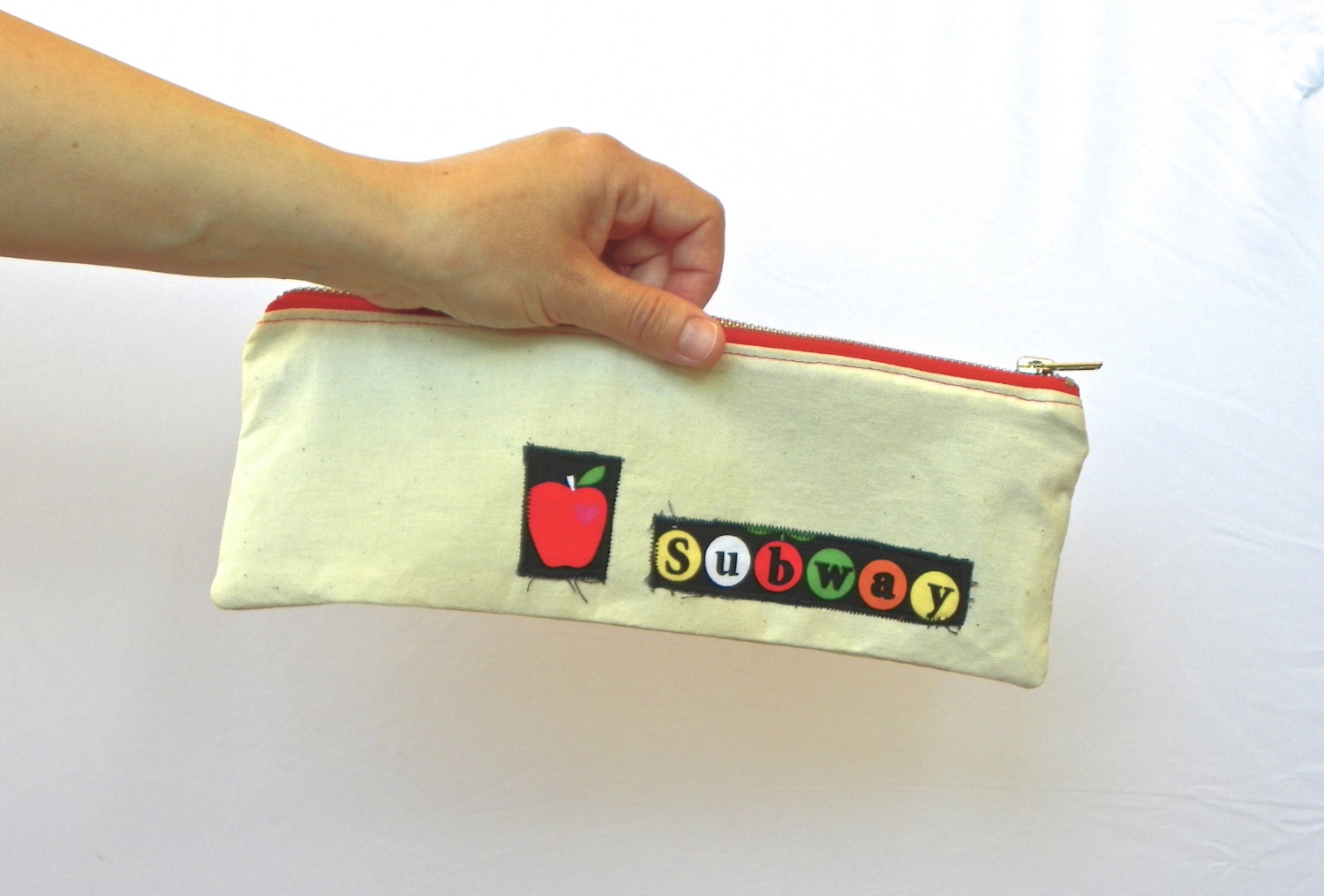 Pencil Pouch, OOAK Pencil Case, Beige and Red Cosmetic Pouch, Zipper Cosmetic Bag,