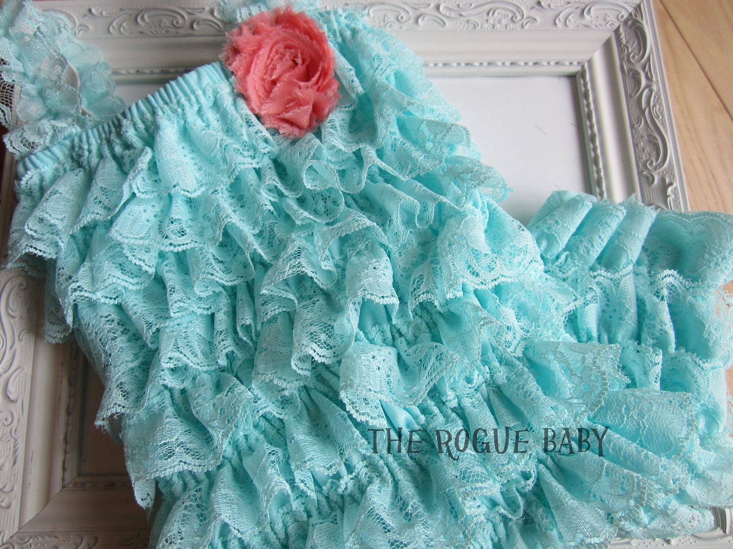 Aqua Petti Romper Toddler Newborn Baby Photo Prop Vintage Look - with Coral Chiffon Flower Embellishment