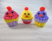 Amigurumi Cupcake set of 3 purple, pink and yellow kawaii cute geeky sweet lolita crochet cupcakes dolls