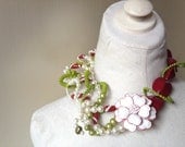 Christmas Flower Brooch Pearl Necklace in Chartreuse, Green, Red, Burgundy & White Holiday Statement Jewelry by ZILLAS QUEEN