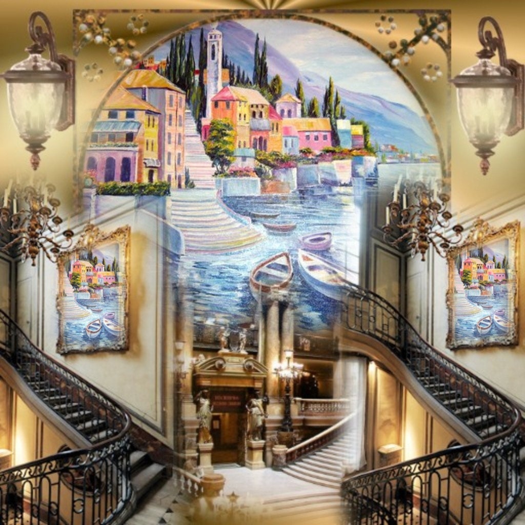 Lake Como, Italy, Blue Dreams Oil, Home Portrait, Lakeside Italy, Waterside Villa and Boats, Dan Leasure Oil