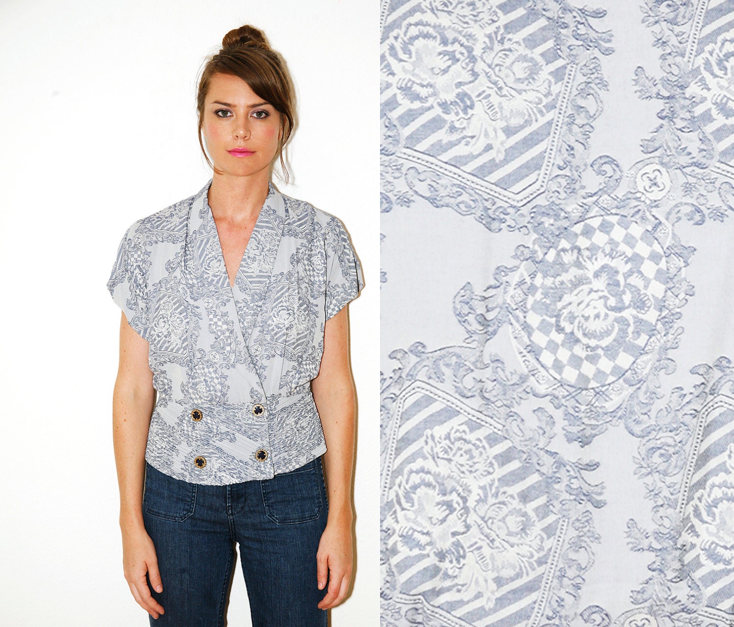 Vintage Peplum Top /  Corset Waist Jacket Tapestry Pattern Blue-Gray and White Medium to Large
