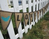 Upcycled Burlap Banner, Love Birds Wedding Banner, Eco Friendly Wedding and Home Decor, Black Letters with Black Felt Backing