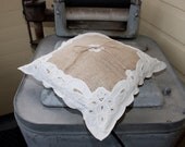 Upcycled Burlap Ring Pillow (with with white cotton  lace trim) Eco-Friendly Home or Wedding Decor