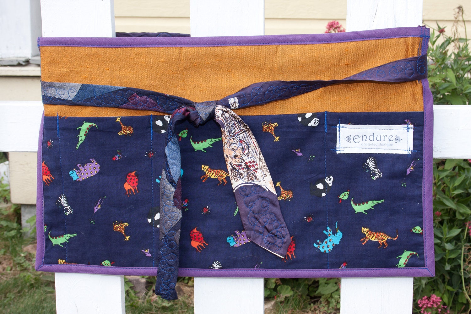 Upcycled Servers Apron - Navy, Gold and Purple Recycled Fabrics- 4 pockets Incorporates two Mens Vintage Neck Ties for the straps