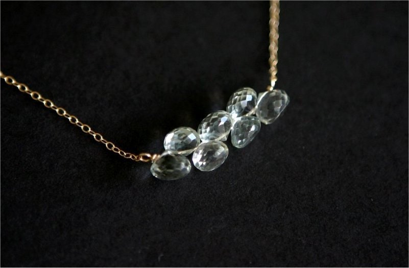 Gemstone Bar Necklace, Green Amethyst Faceted Onion Briolettes, Gold-filled Wire, Gold-filled Chain.  N087.
