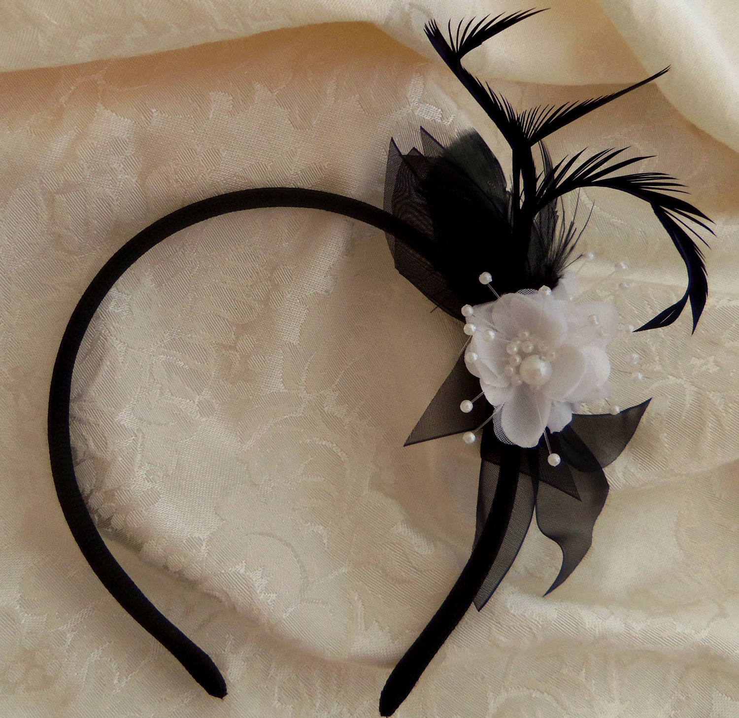 Wedding Headband- Feather Wedding Hair Accessory-  Black -White- Bridal Hair Accessory