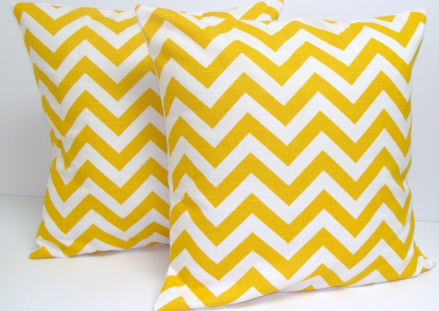 Yellow Pillows.SET OF TWO.20x20 inch.Decorator Pillow Covers.Printed Fabric Front and Back.Chevron.ZigZag.Yellow and White