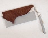 Gray Creme Mint Clutch Leather Wristlet Raw Edge Grey Washed Canvas Wedding Clutch