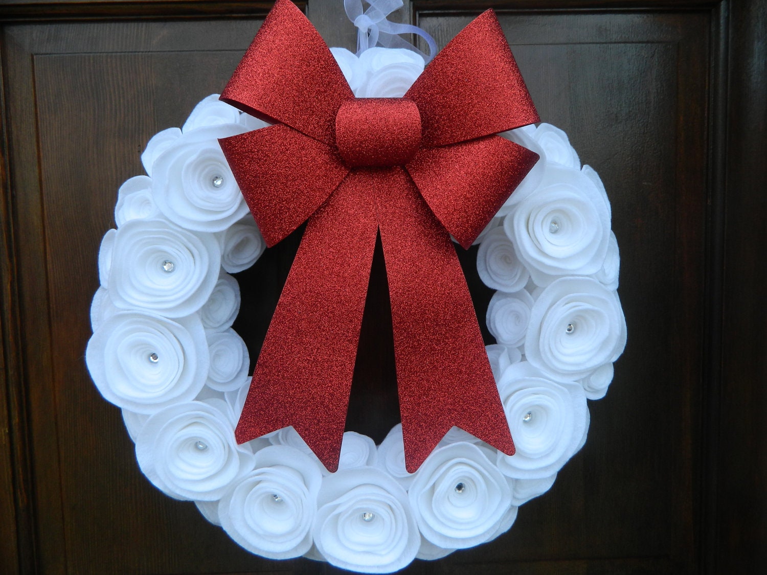 Christmas Red and White Wreath - White Felt Flower Wreath with Crystal Accents and a Red Glitter Bow - 16 inch