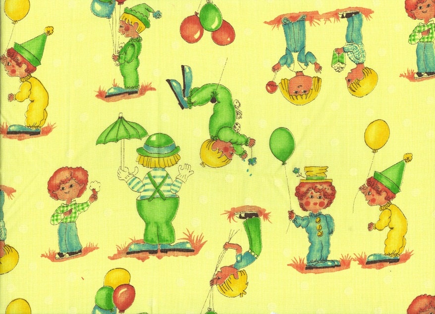 Retro 60s Fabric Vintage Material Children's Pattern Clowns Balloons Boy Girl Yellow Green Orange Fat Quarter