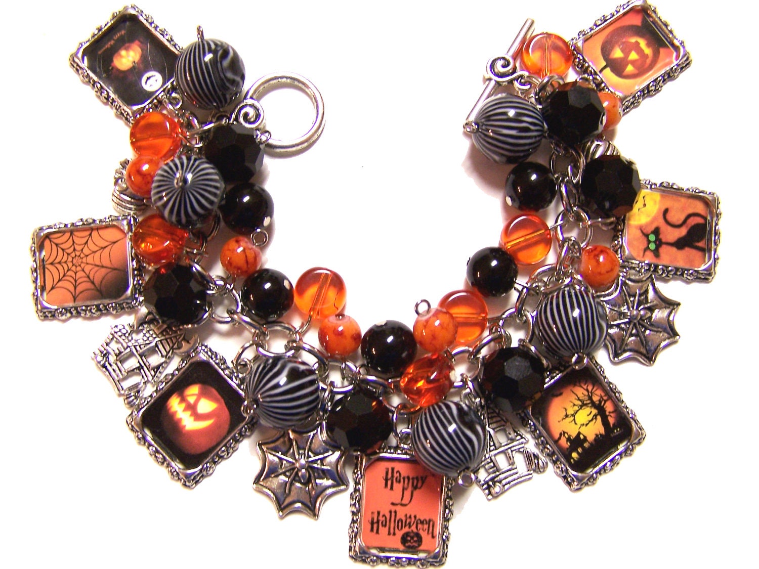 HAPPY HALLOWEEN Altered Art Charm Bracelet Handmade Beaded