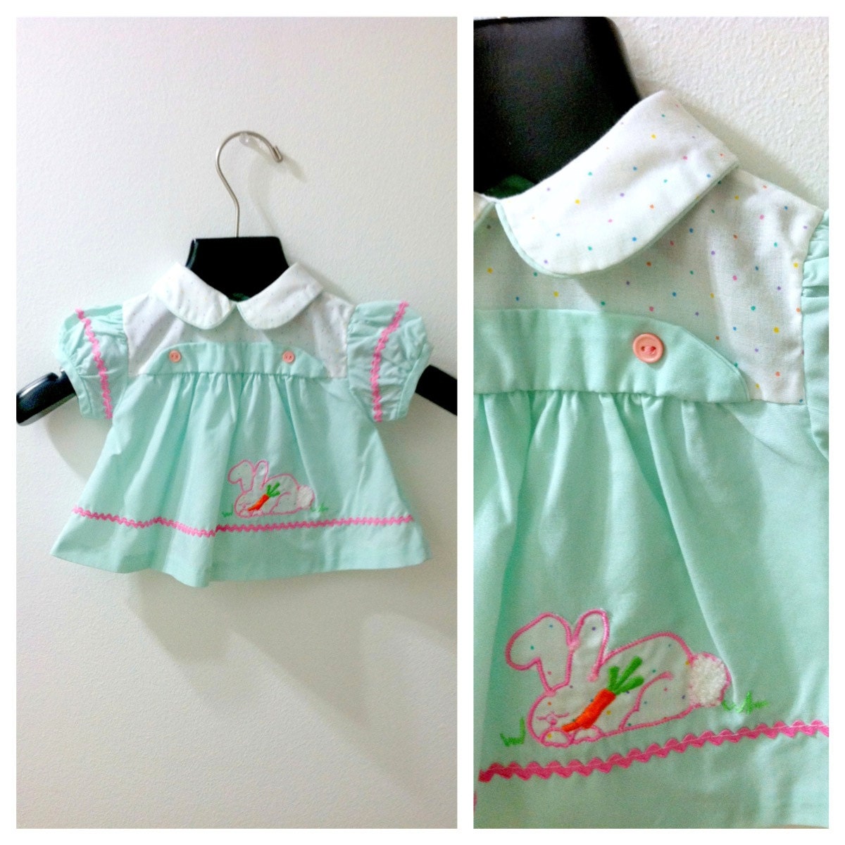 Vintage Baby Girl Mint Green Bunny Dress 1960's