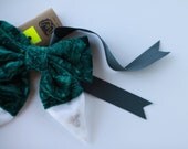 Bow Tie Or Pin Accessory Green Crushed Velvet With White Silk Organza And Pastel Pom Pom Bubbles