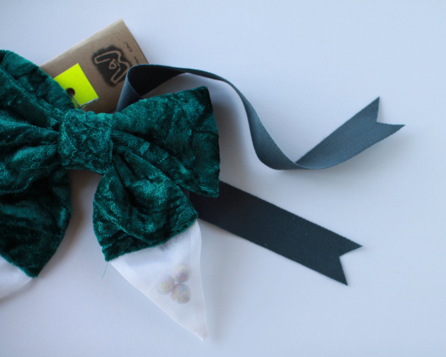 Bow Tie Or Pin Accessory Green Crushed Velvet With White Silk Organza And Pastel Pom Pom Bubbles
