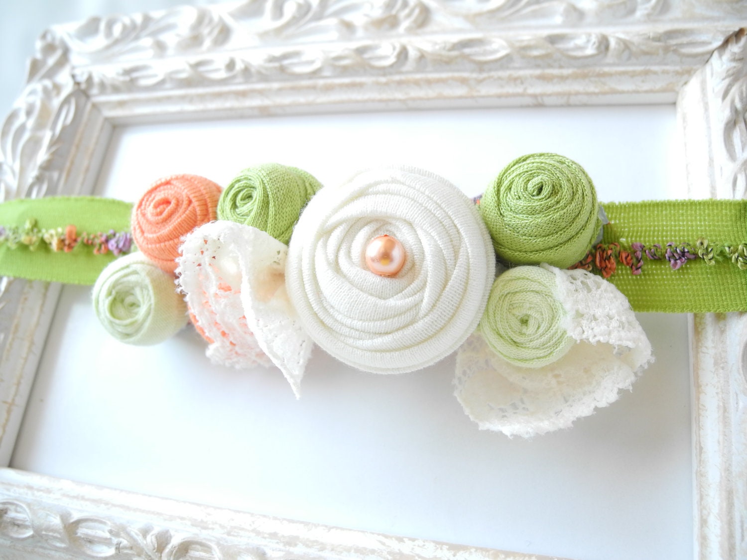 Baby headband peach green fabric flowers newborn baby girl - handmade - ready to ship