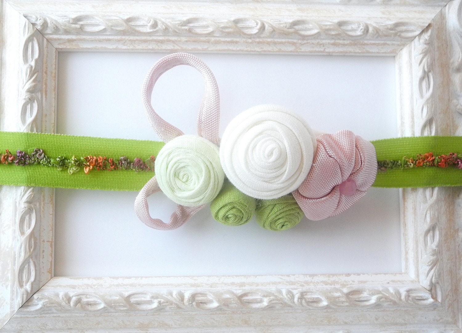 Headband Fabric flowers Green pink white Girl child - newborn gift - handmade - ready to ship