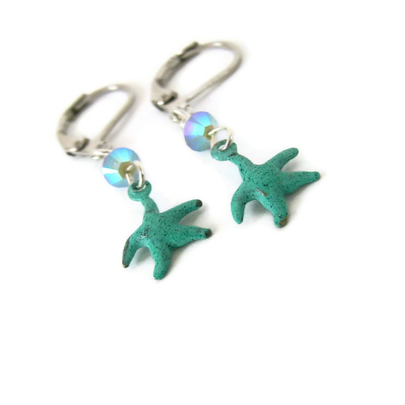 Turquoise Earrings / Tiny Starfish / Patina Earrings / Boho Surf Jewelry / Original