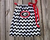 Custom boutique. black white chevron UGA bulldogs or favorite team pillowcase dress. red ribbon. team logo applique. By EverythingSorella