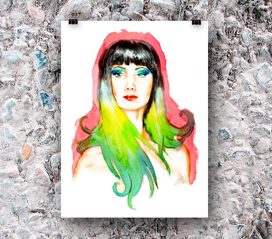 Art Print "Fashion Illustration Disco" - Print of  original Mixed Media Painting - blue, green, red - 3 for 2