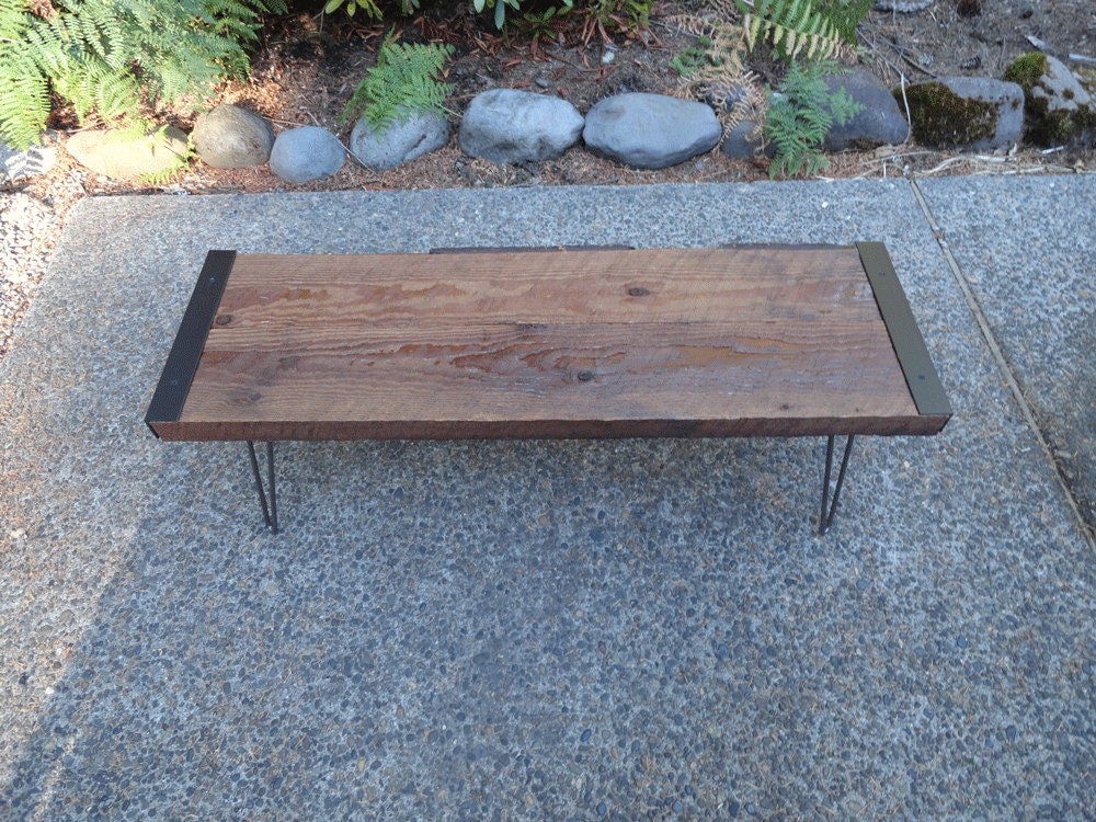 20 inch Industrial Bench from salvaged barnwood with hairpin legs