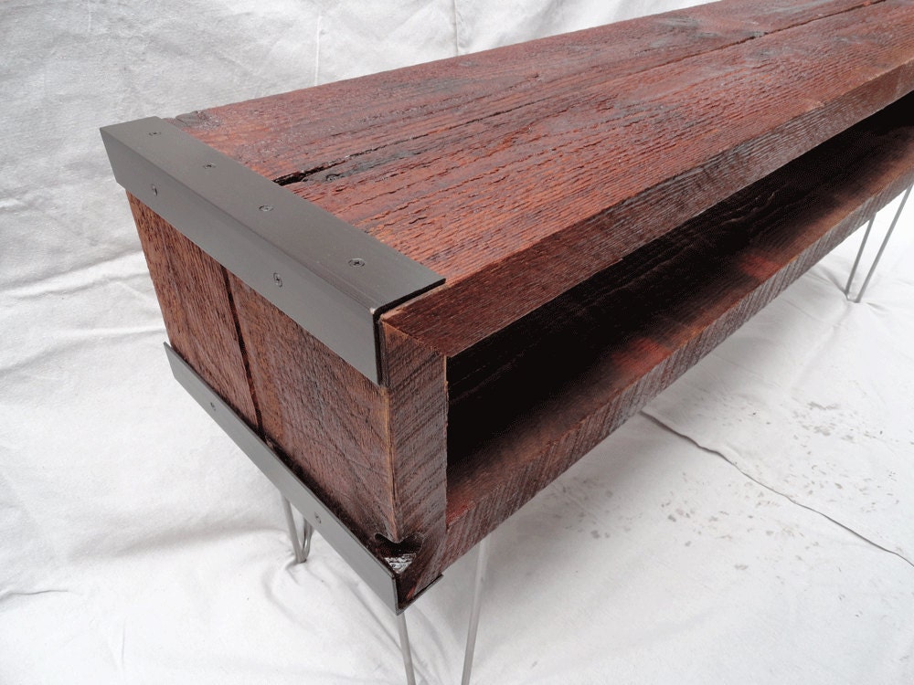 Custom Industrial media console tv stand from salvaged barnwood with hairpin legs