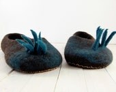 Felted Wool Slippers  Men House Shoes natural brown and jasper teal
