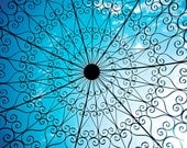 Wrought Iron Photograph 8x10 Filigree Pattern Serene Blue Statement Print - pretty gradient sky clouds- original signed fine art photograph