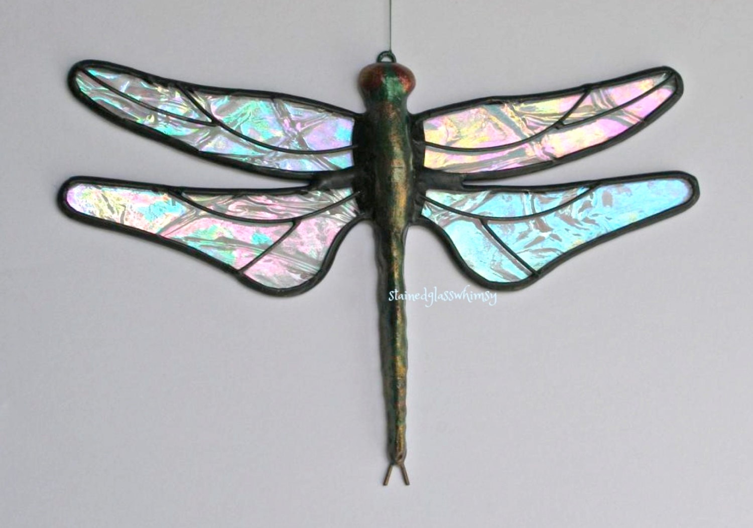 Stained Glass DRAGONFLY Suncatcher, Clear Iridescent "Krinkle" Wings & Hand-Cast Metal Body, USA Handmade