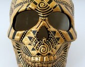 Ceramic Skull -- Black Glazed Skull with Gold Embossed Design