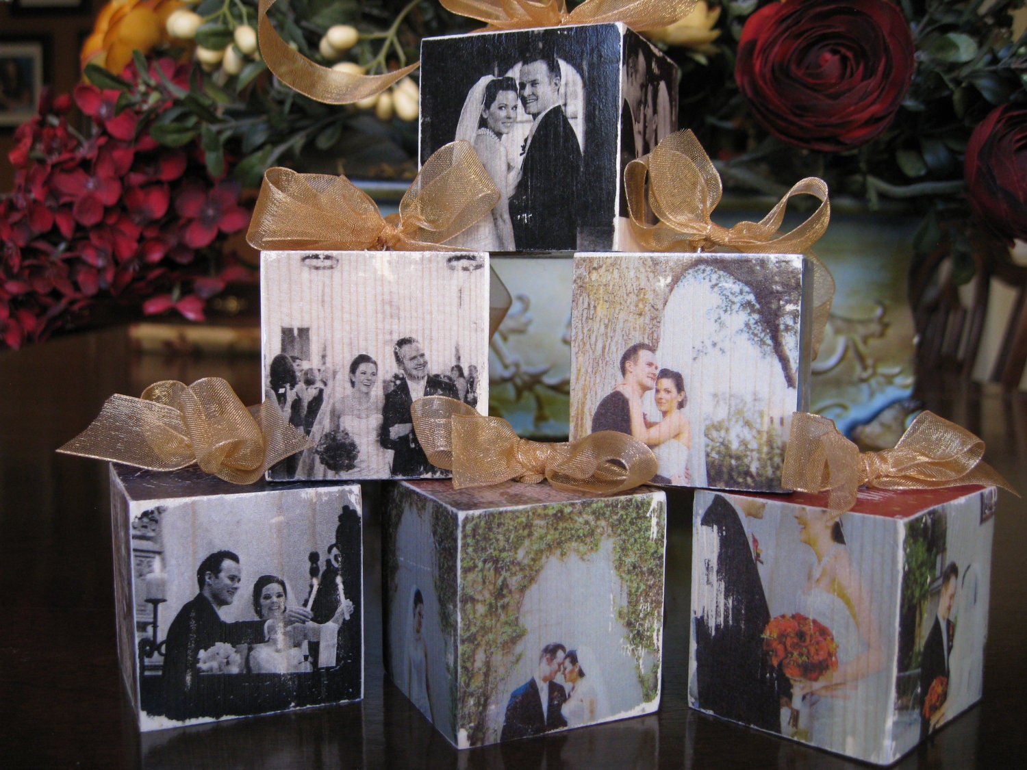 Five Custom Wedding Photo Blocks Ornament or Door Hangers