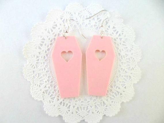 Creepy Cute Kawaii Baby Pink Heart Coffin Laser Cut Earrings