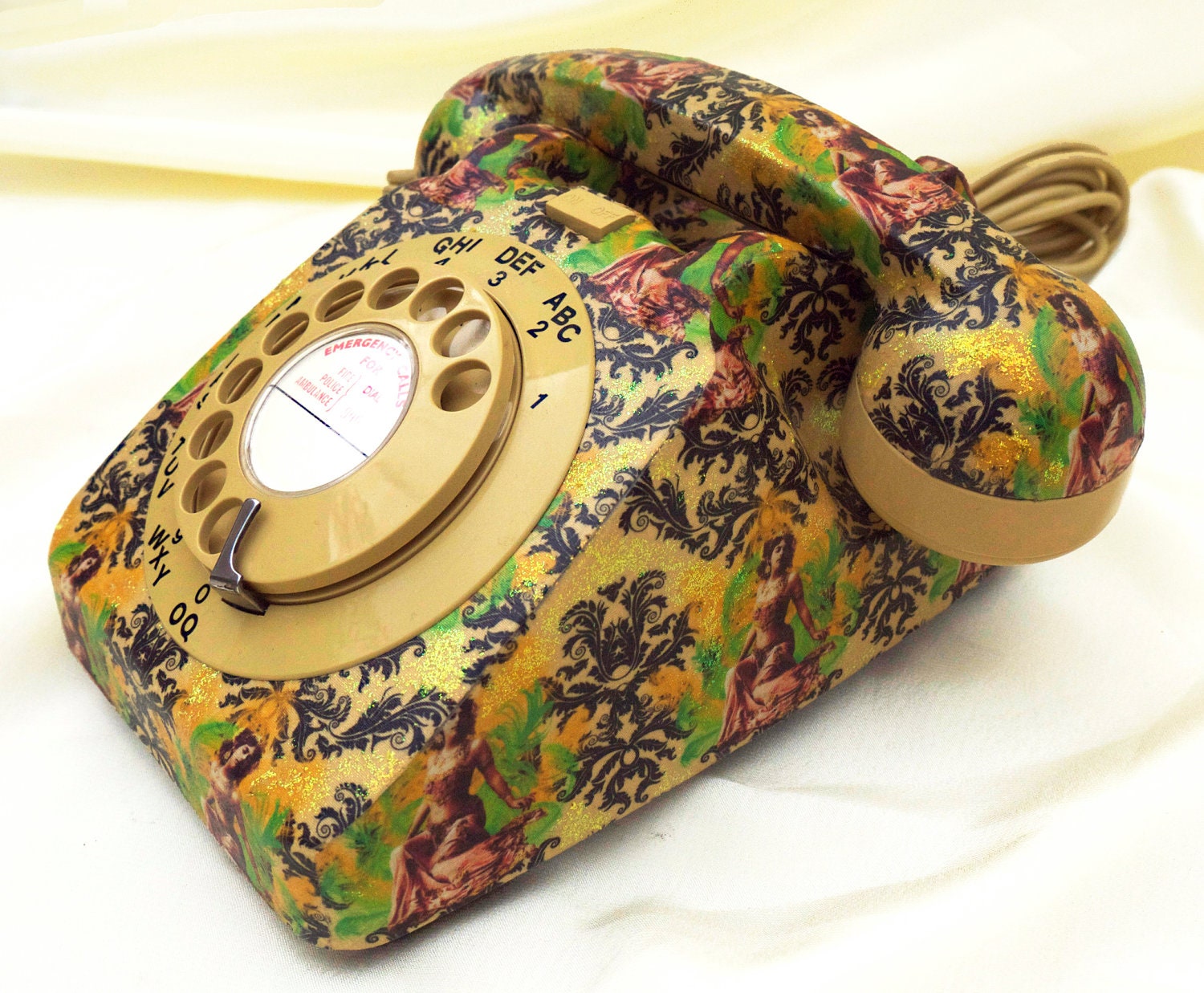 Unique Glitzed Mata Hari Damask Upcycled Vintage Rotary Phone FULLY WORKING