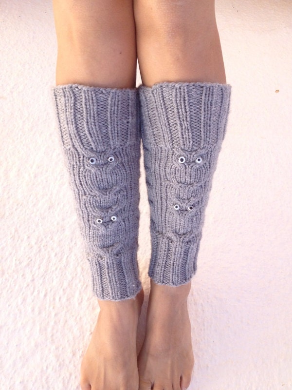 Grey OWL figure Knitted Leg Warmers, Boot Cuffs Liners,boot cuffs,ballet flats,yoga,pilates