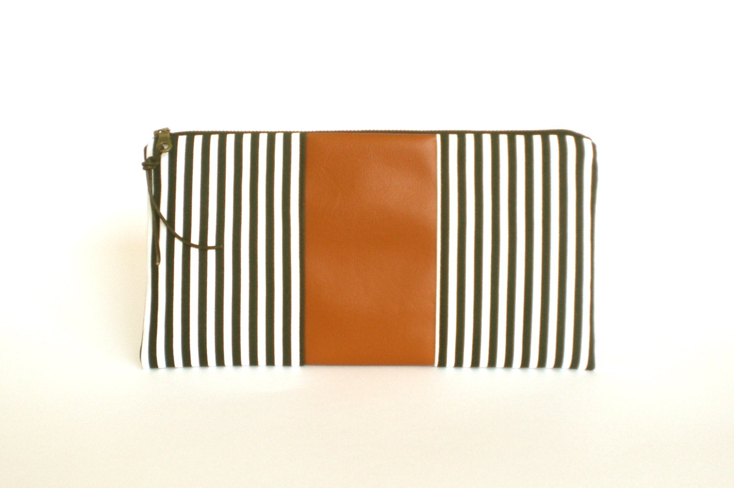 Clutch Purse, Small Bag, Black and White Stripes with Camel brown