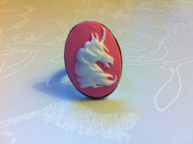 Oh Unicorn Pink and White Resin Cameo Adjustable Ring